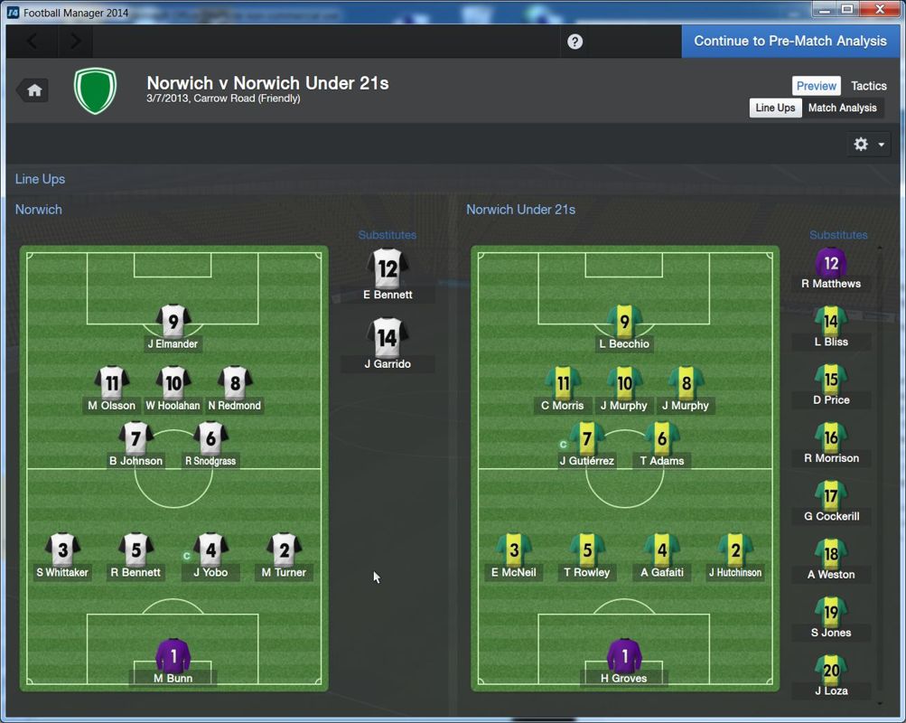 Football Manager 2014 (Windows) screenshot: The new manager has the option of playing a match to assess the players. This is how the teams line up