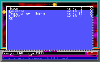 Armada 2525 (DOS) screenshot: Ships list on planet
