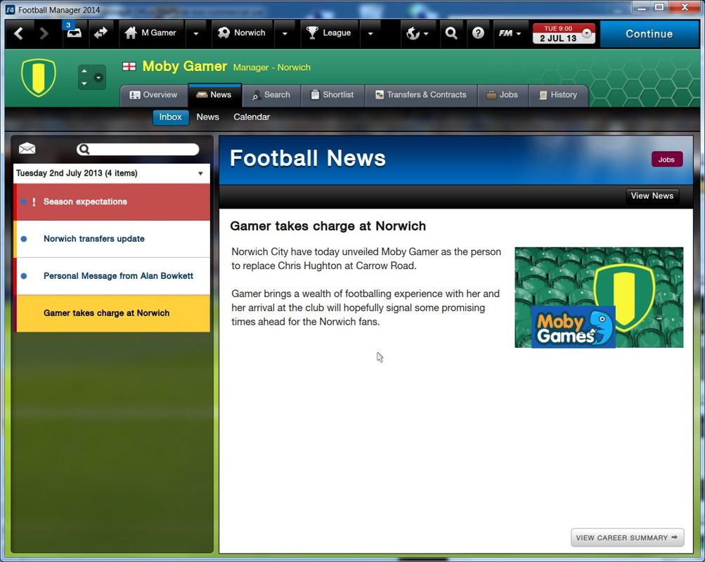 Football Manager 2014 (Windows) screenshot: Starting a game in Classic Career Mode.<br>The first screen that the new manager sees, similar to the corresponding screen in FM2014 mode but fewer options