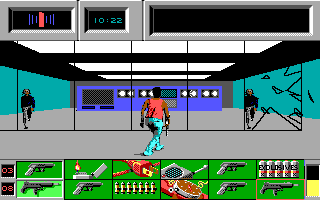 Die Hard (DOS) screenshot: Running from crooks and flying glass in the computer room. (EGA)