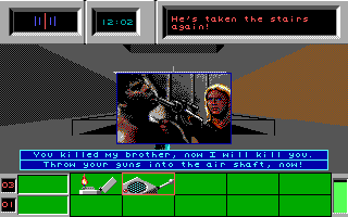 Die Hard (DOS) screenshot: Your guns are taken away prior to fighting Karl. (EGA)