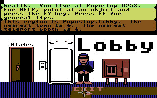 Habitat (Commodore 64) screenshot: Popustop lobby.