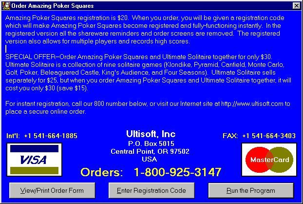 Amazing Poker Squares (Windows) screenshot: The unregistered game starts with a shareware nag screen. This is seen at the start of every new game.