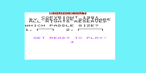 Action Games (VIC-20) screenshot: Bounce Out - Countdown until game starts