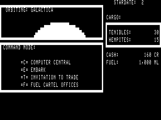 Galactic Trader (TRS-80) screenshot: The 4 main command options.