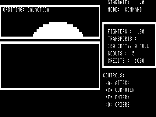 Galactic Empire (TRS-80) screenshot: Starting the game in the Empire's home system, Galactica.