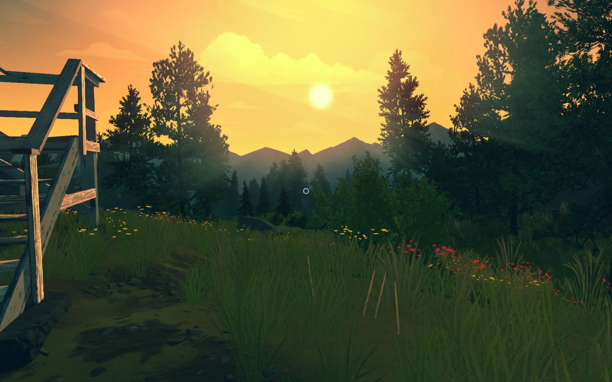 Firewatch (Windows) screenshot: Each day has a very different colour palette based on the time of day and the weather.