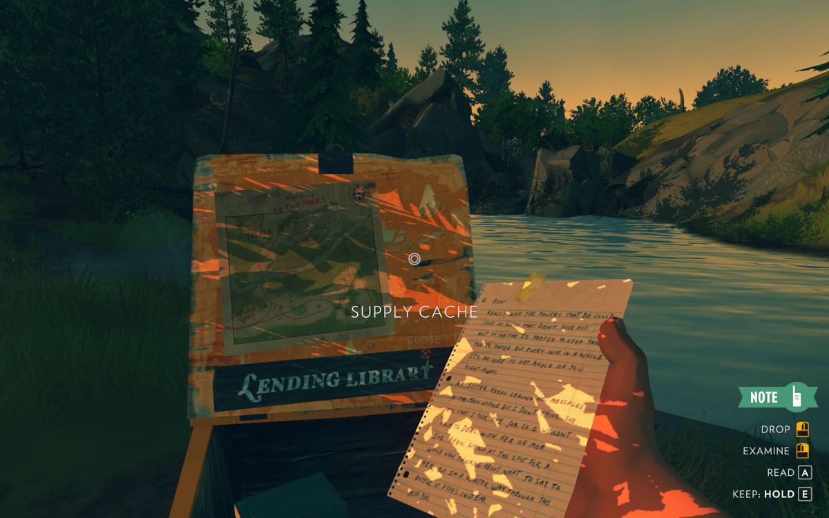 Firewatch (Windows) screenshot: Browsing through the contents of a supply cache.