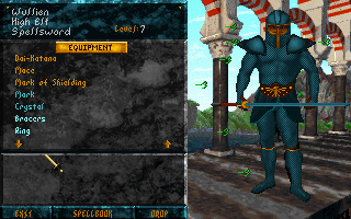 The Elder Scrolls: Arena (DOS) screenshot: Items with unknown magical properties are highlighted in blue in the player's inventory. They can be identified later in a Mages' Guild.