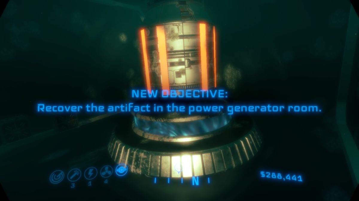Neptune Flux (PlayStation 4) screenshot: Recovering an artifact from the power generator room (TV mode)
