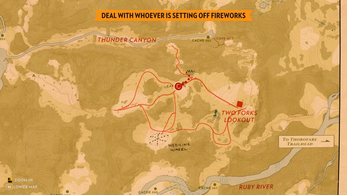 Firewatch (Windows) screenshot: When uncovering map fragments you'll mark known routes and info on your own map