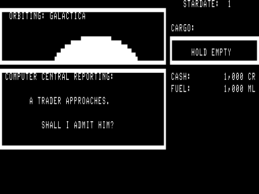 Galactic Trader (TRS-80) screenshot: Starting a game in our home planet, Galactica.