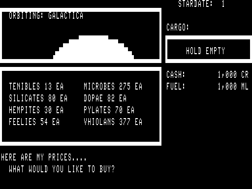Galactic Trader (TRS-80) screenshot: Checking the local trader's prices.