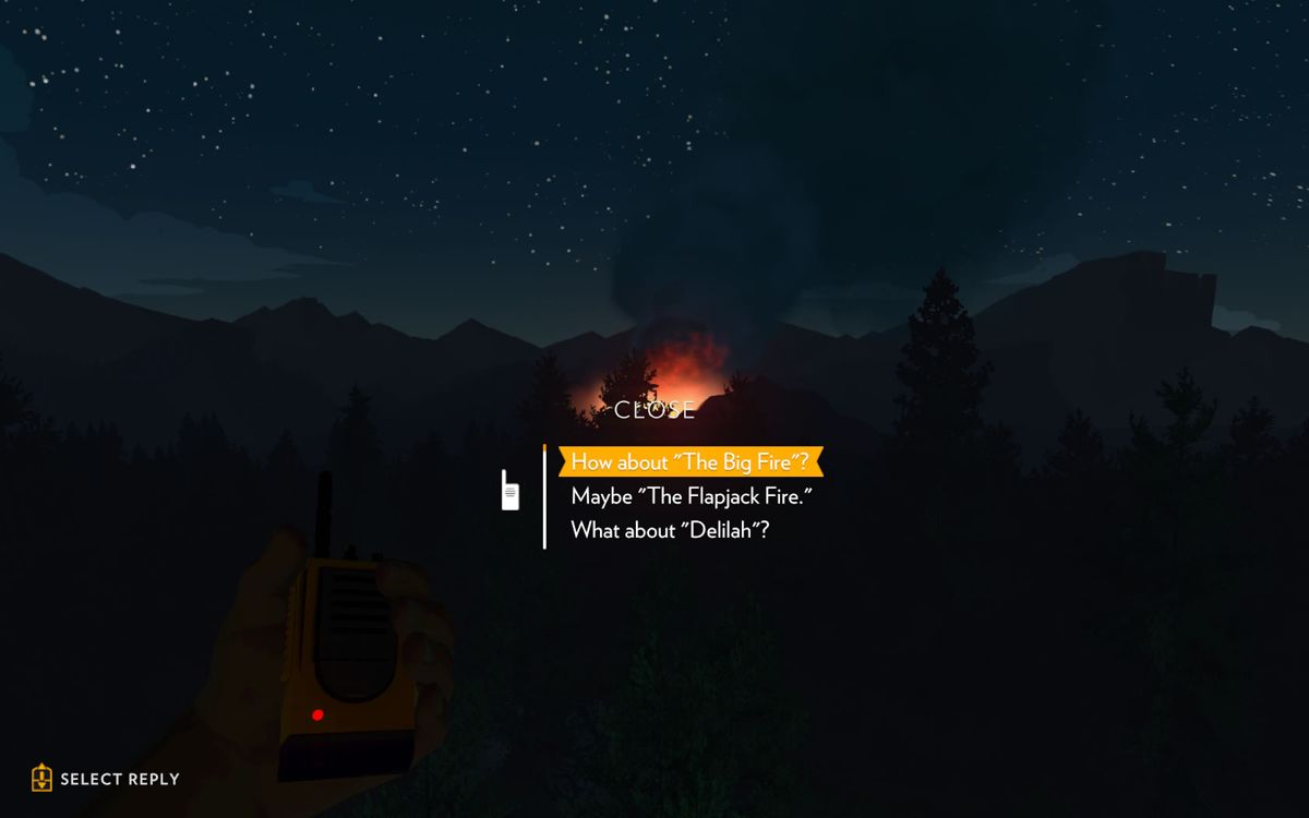Firewatch (Windows) screenshot: Three conversation options for Delilah and on the left the vertical line with the remaining time to choose.