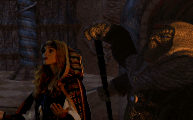 Lands of Lore: Guardians of Destiny (DOS) screenshot: FMV cutscene, again with an actress and a strange beast co-existing