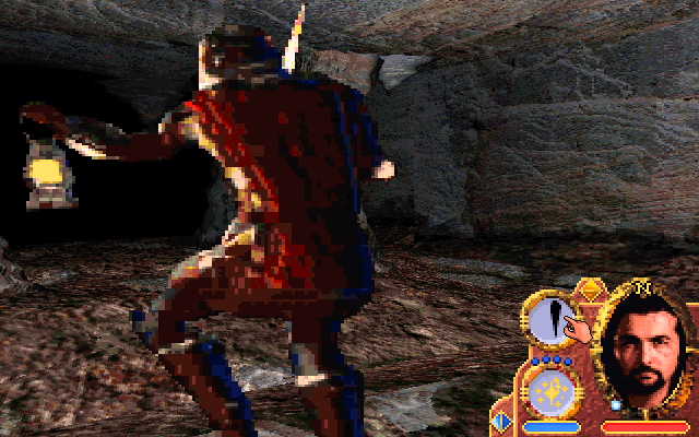 Lands of Lore: Guardians of Destiny (DOS) screenshot: You sneak on this live-action guard and are about to bring him down