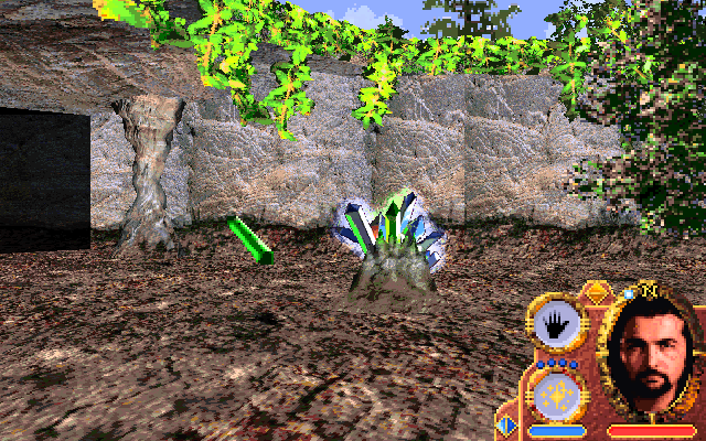 Lands of Lore: Guardians of Destiny (DOS) screenshot: The game starts here. Luther doesn't really know what to do yet and chooses to aimlessly wave a stalagmite here and there. Use it as a weapon, dummy!
