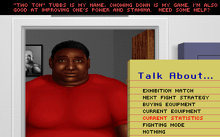 ABC Wide World of Sports Boxing (DOS) screenshot: Menu from Trainer: "Two Ton" Tubbs