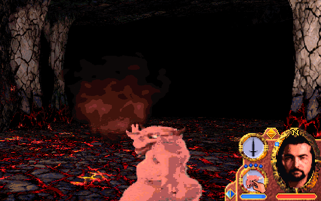 Lands of Lore: Guardians of Destiny (DOS) screenshot: You explore the Hive Caves. You decide to cast your summon spell to match the lava with stylish pink