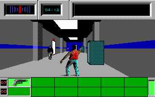 Die Hard (DOS) screenshot: In gunfights you must aim your pistol at the assailant. (EGA)