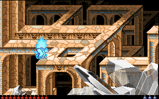 Prince of Persia 2: The Shadow & The Flame (DOS) screenshot: ...after you have Jaffar blocked. Didn't work for me. The normal solution: chase after him to shorten the distance between both of you and hit him with a blue fireball.