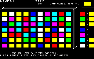 Coloric (Thomson MO) screenshot: In the 2nd level, <i>two</i> colors change to black.