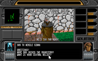 Whale's Voyage II: Die Übermacht (DOS) screenshot: This peaceful planet is populated by monk. You engage in a theological conversation