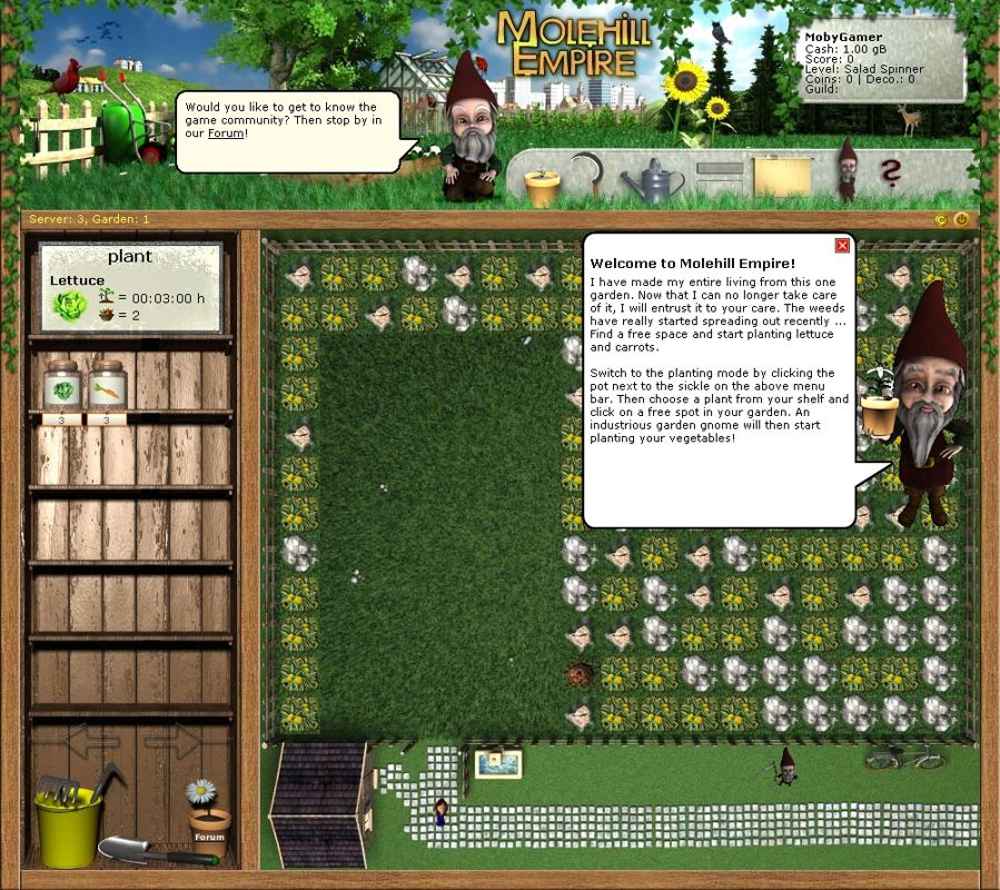 Molehill Empire (Browser) screenshot: The over-worked garden gnome passes his fallen oasis over to me, so it shall begin.