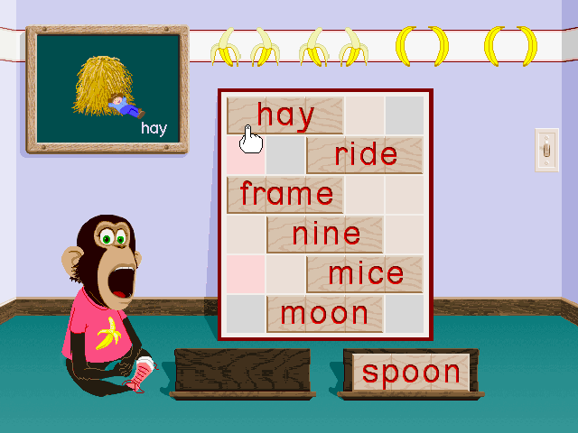 Ready, Set, Read with Bananas & Jack (Windows 3.x) screenshot: Examining the 'hay' word as a candidate for a rhyme for the 'spoon' word