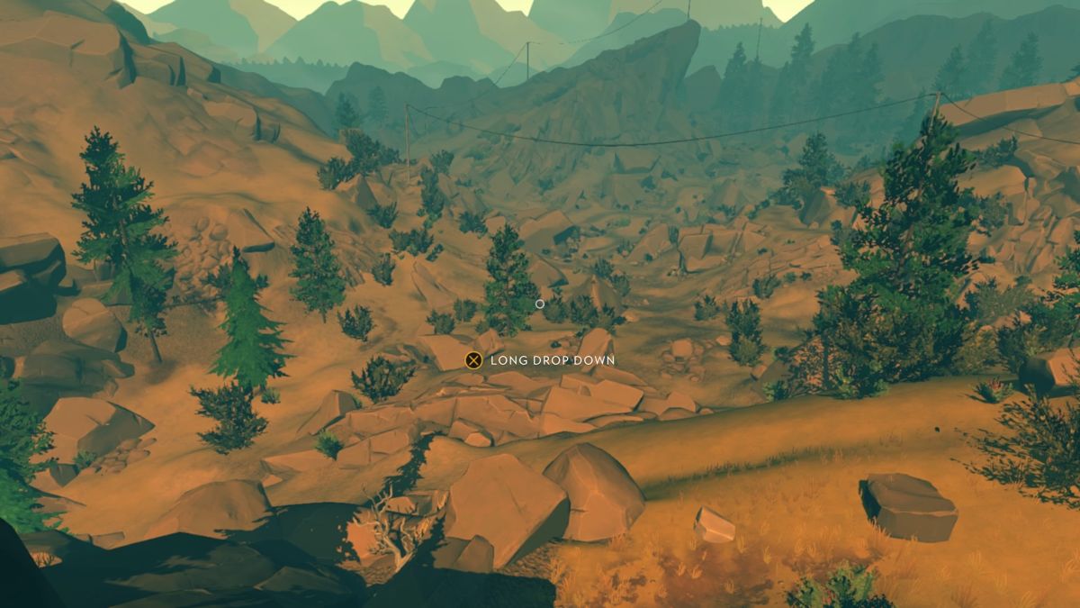 Firewatch (PlayStation 4) screenshot: Following the power lines to find out if the wire's been cut somewhere