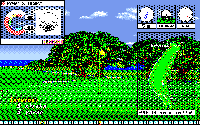 Pebble Beach Golf Links (PC-98) screenshot: Hole 14, power & impact meter