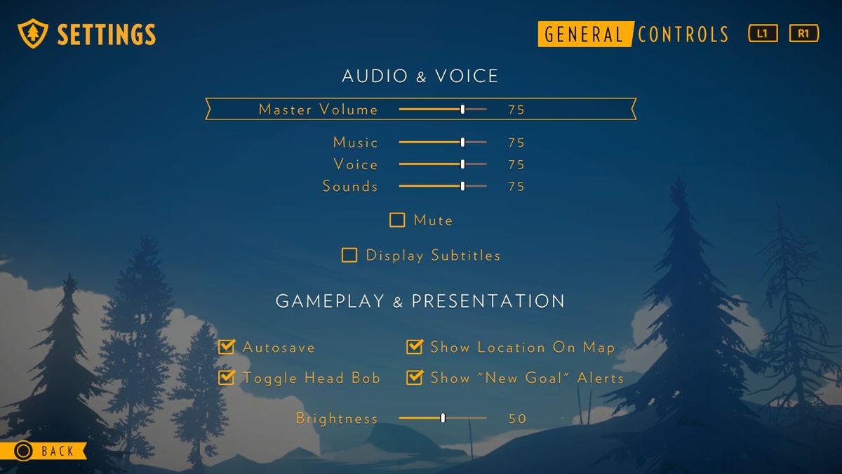 Firewatch (PlayStation 4) screenshot: Game settings