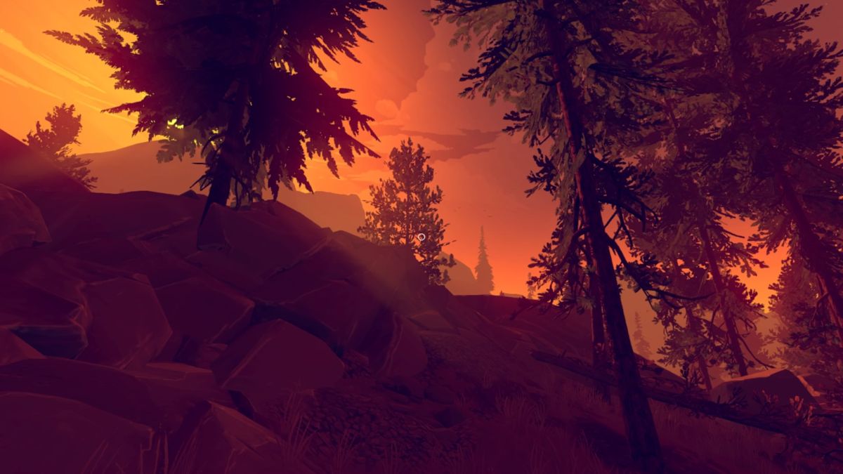 Firewatch (PlayStation 4) screenshot: The sun is setting, guess I won't make it to the tower before night falls