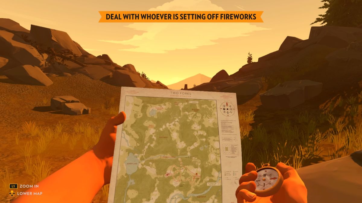 Firewatch (PlayStation 4) screenshot: Use your map and compass to navigate in the forest