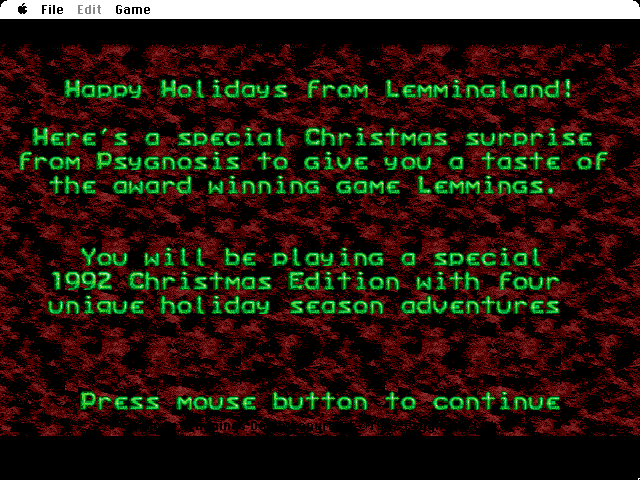 Xmas Lemmings (Macintosh) screenshot: Introductory text.