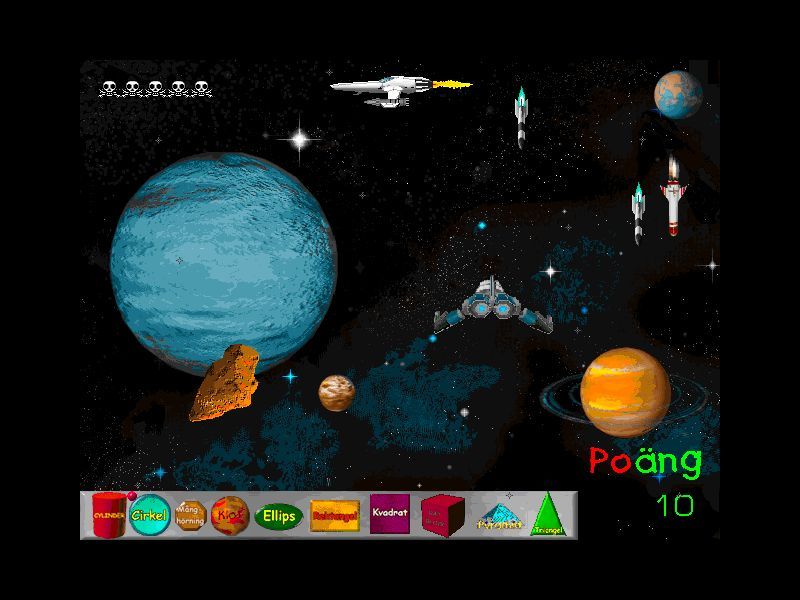 Universum (Windows) screenshot: Starting scene; your ship is seen from behind, in the lower right, while other objects are seen from the side. Earth is unseen below. Life counters are the skulls, high left.