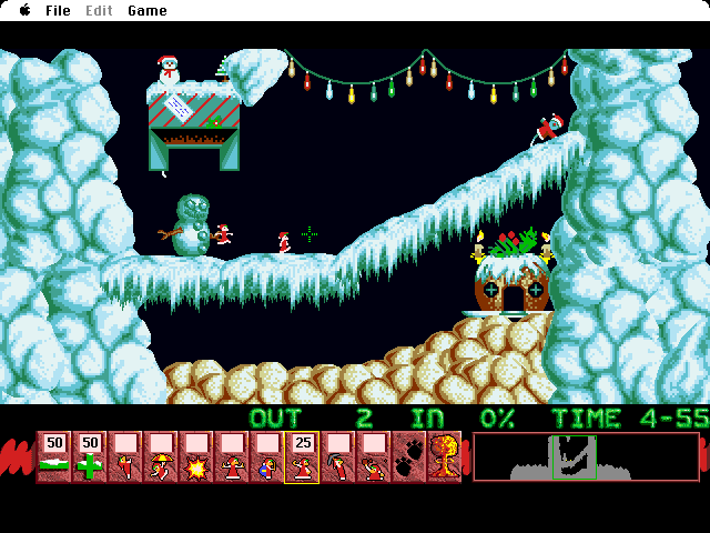 Xmas Lemmings (Macintosh) screenshot: Start of the first level.