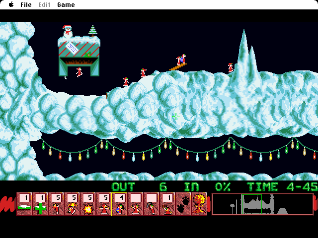 Xmas Lemmings (Macintosh) screenshot: Trying to figure out level 2.