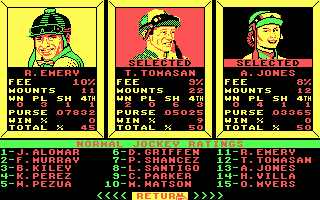 Omni-Play Horse Racing (DOS) screenshot: About the jockeys (CGA)