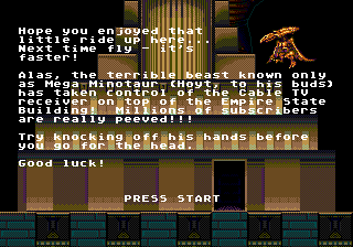 Tom Mason's Dinosaurs for Hire (Genesis) screenshot: Pterodactyl gives an insight on an upcoming bossfight