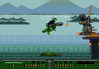 Tom Mason's Dinosaurs for Hire (Genesis) screenshot: Japan - friendly turtle and a samurai