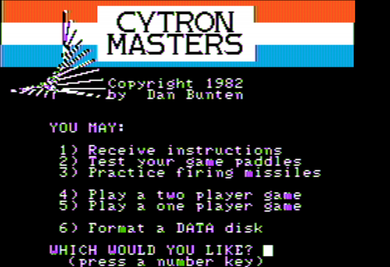 Cytron Masters (Apple II) screenshot: Main Menu
