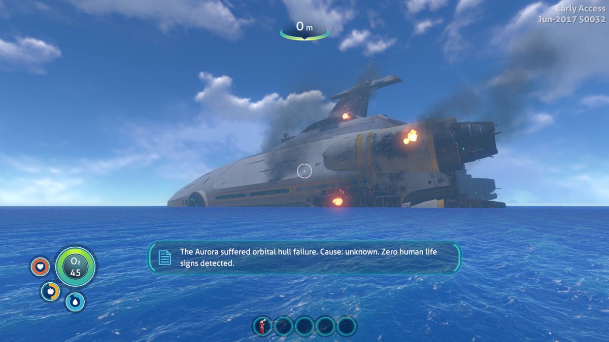 Subnautica (Windows) screenshot: The damage doesn't look so bad from the outside (Early Access version - June 2017).