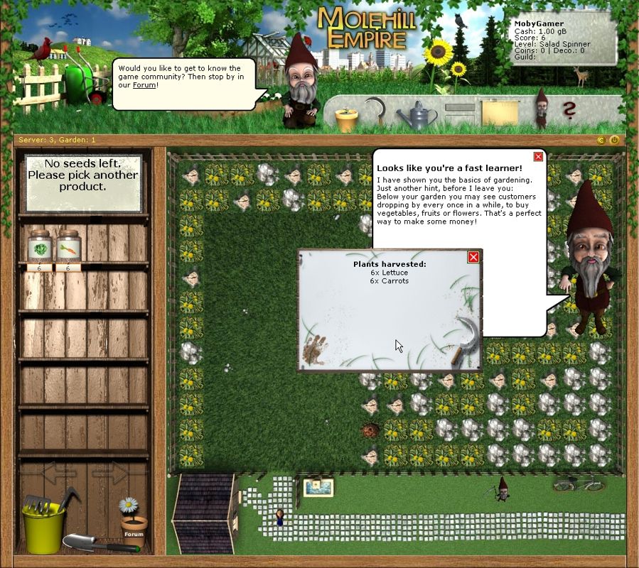 Molehill Empire (Browser) screenshot: I harvested my first six lettuces and carrots (the beginner's plants), and scored my first six experience points for it. With some lemon juice and sugar, this would make a nice salad already.