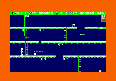 Mr. Freeze (Amstrad CPC) screenshot: That asterisk-in-a-box thing or whatever shoots lasers at you! The best way to avoid its attack is to get off of a ladder.