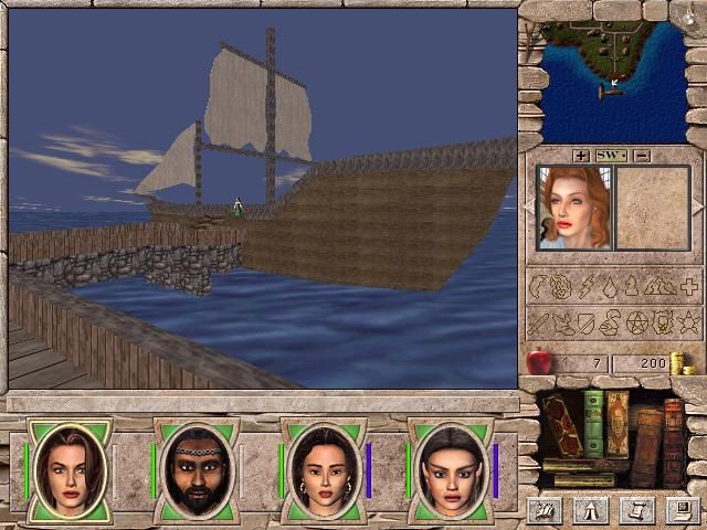 Might and Magic VII: For Blood and Honor (Windows) screenshot: Starting the game on a secluded island. Harbor area