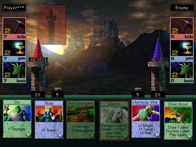 Might and Magic VII: For Blood and Honor (Windows) screenshot: Arcomage - a card game that can be played for money in the cities' taverns