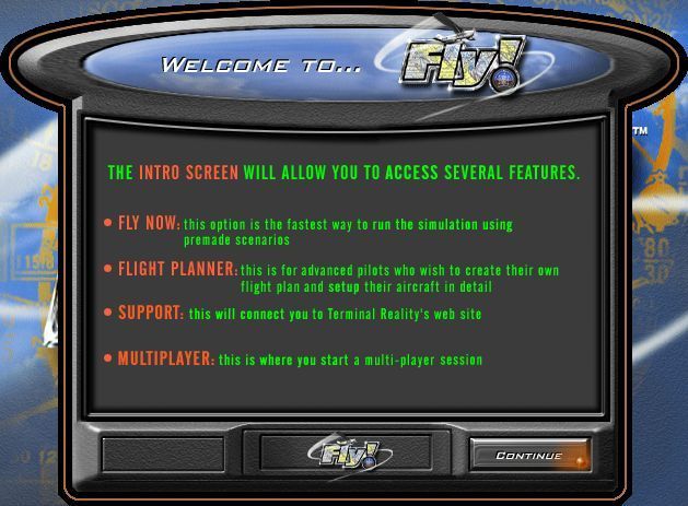 Fly! (Windows) screenshot: When the game runs for the first time it displays this information screen.