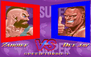 Super Street Fighter II Turbo (DOS) screenshot: Zangief vs Dee Jay