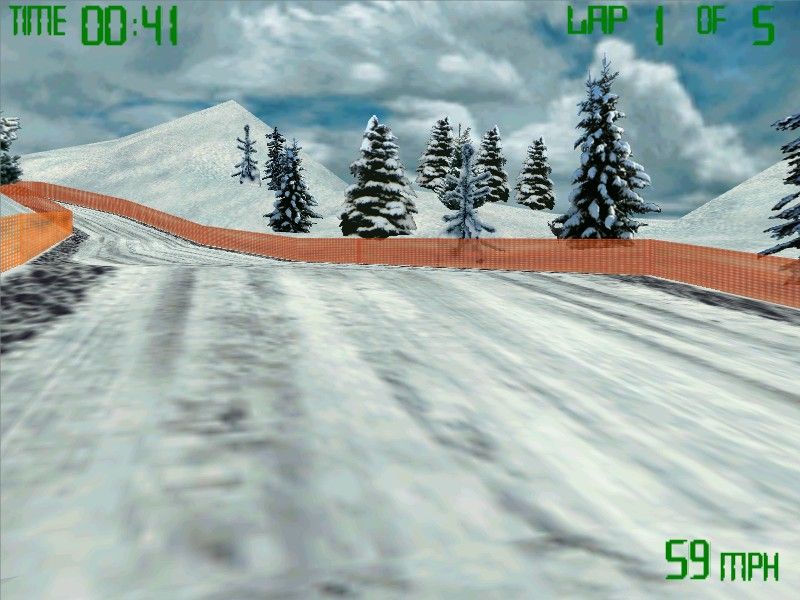 Snowmobile Racing (Windows) screenshot: The view can be switched to 1st-person.